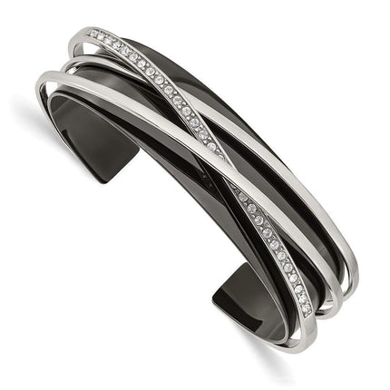 Stainless Steel Polished Black IP-plated w/Swarovski Layered Cuff Bangle ,
