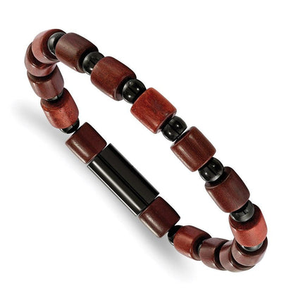 Stainless Steel Polished Black IP-plated w/Wooden Beads Stretch Bracelet ,