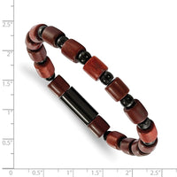 Stainless Steel Polished Black IP-plated w/Wooden Beads Stretch Bracelet ,
