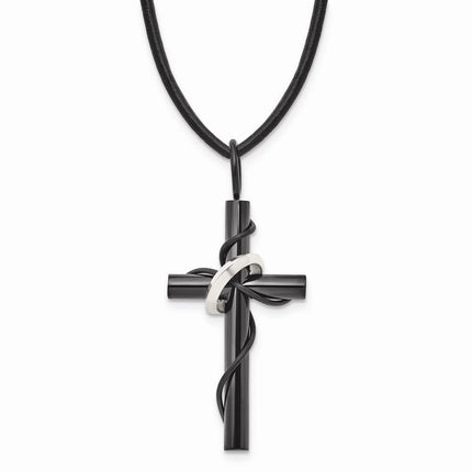 Stainless Steel Polished Black IP-plating Cross Leather Cord Necklace ,