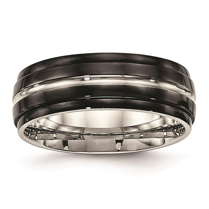 Stainless Steel Polished Black IP Ridged Edged Ring ,