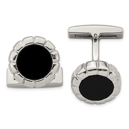 Stainless Steel Polished Black IP Scalloped Round Cufflinks ,