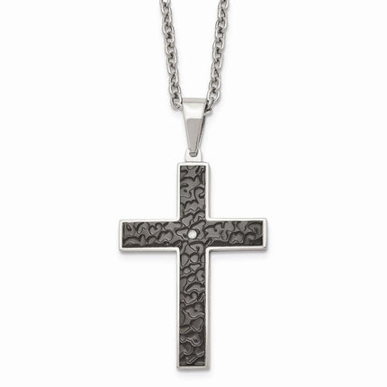 Stainless Steel Polished Black IP Textured CZ Cross Necklace ,