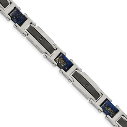 Stainless Steel Polished Black IP w/ Genuine Lapis & Black CZ 8.75in Bracel ,