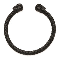 Stainless Steel Polished Black IP with Crystal Genuine Leather Cuff Bangle ,