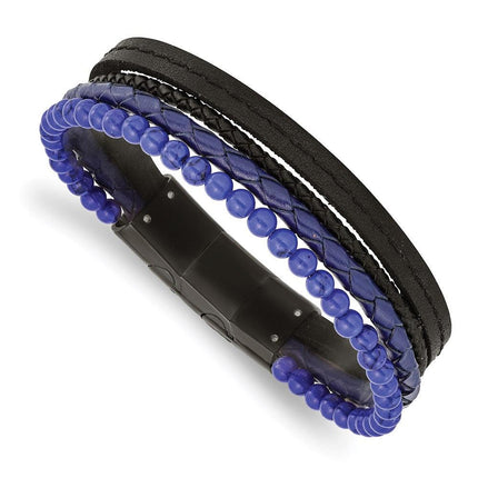 Stainless Steel Polished Black IP with Lapis Leather w/.5in ext Bracelet ,
