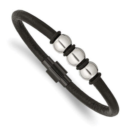 Stainless Steel Polished Black IP with Rubber Black Leather 8.5in Bracelet ,