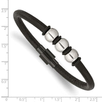 Stainless Steel Polished Black IP with Rubber Black Leather 8.5in Bracelet ,
