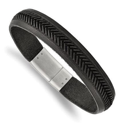 Stainless Steel Polished Black Italian Leather 8.75in Bracelet ,