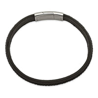 Stainless Steel Polished Black Italian Leather 8.75in Bracelet ,