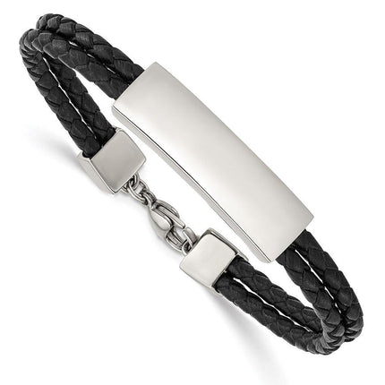 Stainless Steel Polished Black Leather 2 Strand 7in ID Bracelet ,