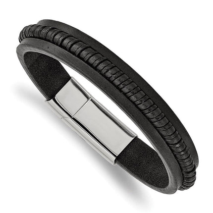 Stainless Steel Polished Black Leather 8.25in Bracelet ,