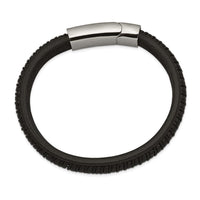 Stainless Steel Polished Black Leather 8.25in Bracelet ,