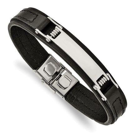 Stainless Steel Polished Black Leather 8.25in ID Bracelet ,