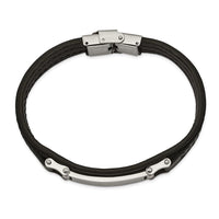 Stainless Steel Polished Black Leather 8.25in ID Bracelet ,