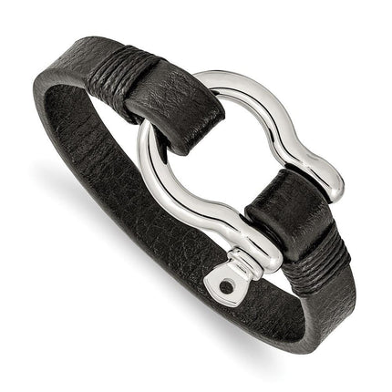Stainless Steel Polished Black Leather 8.25in Shackle Bracelet ,