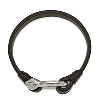Stainless Steel Polished Black Leather 8.25in Shackle Bracelet ,