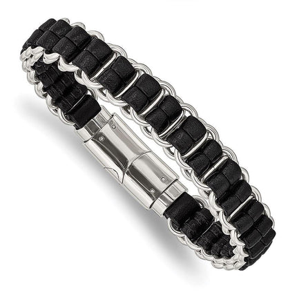 Stainless Steel Polished Black Leather 8.5in Bracelet ,
