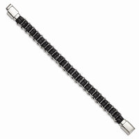 Stainless Steel Polished Black Leather 8.5in Bracelet ,
