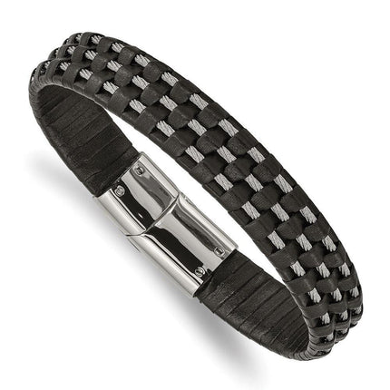 Stainless Steel Polished Black Leather and Wire 8.5in Bracelet ,