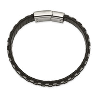 Stainless Steel Polished Black Leather and Wire 8.5in Bracelet ,