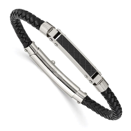 Stainless Steel Polished Black Leather Black IP Adj. Bracelet ,