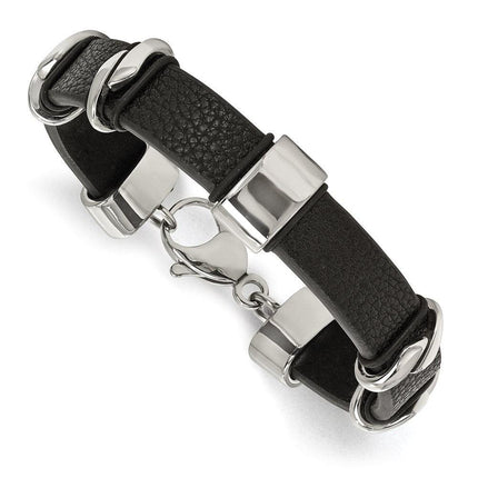 Stainless Steel Polished Black Leather Bracelet ,
