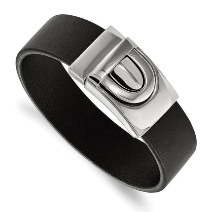 Stainless Steel Polished Black Leather Bracelet ,