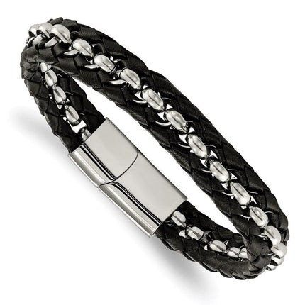 Stainless Steel Polished Black Leather Braided 8.5in Bracelet ,