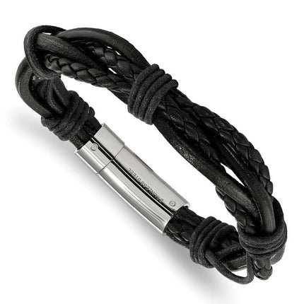 Stainless Steel Polished Black Leather Braided and Multi Twisted 8.5in Brac ,