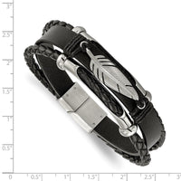Stainless Steel Polished Black Leather Feather Multi Strand 8.25in Bracelet ,