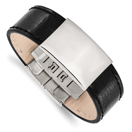 Stainless Steel Polished Black Leather ID Bracelet ,