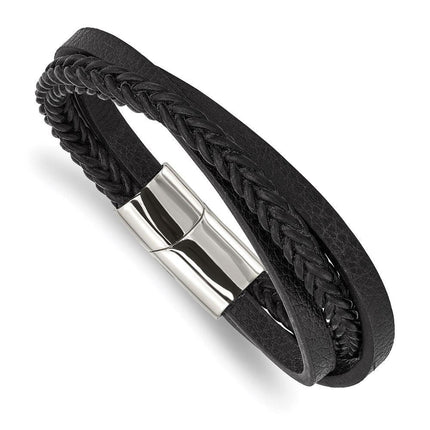 Stainless Steel Polished Black Leather Multi-Strand 8.25in Bracelet ,
