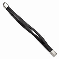 Stainless Steel Polished Black Leather Multi-Strand 8.25in Bracelet ,