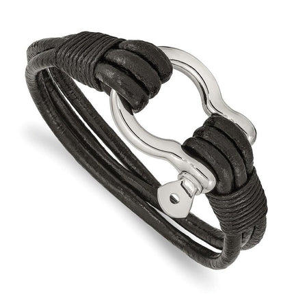 Stainless Steel Polished Black Leather Multi Strand 8.5in Shackle Bracelet ,