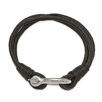 Stainless Steel Polished Black Leather Multi Strand 8.5in Shackle Bracelet ,