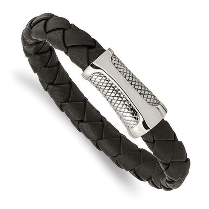 Stainless Steel Polished Black Leather Textured Bracelet ,