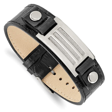 Stainless Steel Polished Black Leather w/Buckle w/Stone Finish 9.5in Brace ,