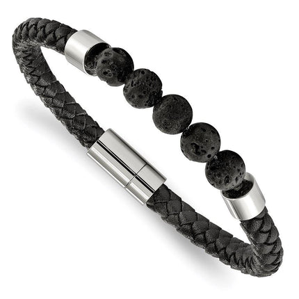 Stainless Steel Polished Black Leather w/Lava Stones 8.75 inch Bracelet ,