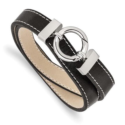 Stainless Steel Polished Black Leather Wrap Bracelet ,