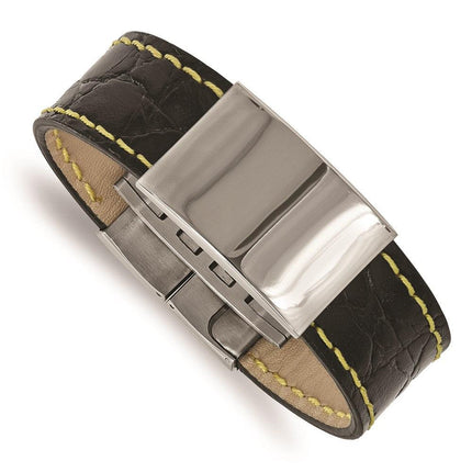 Stainless Steel Polished Black Leather/Yellow Stitch ID Bracelet ,