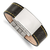 Stainless Steel Polished Black Leather/Yellow Stitch ID Bracelet ,