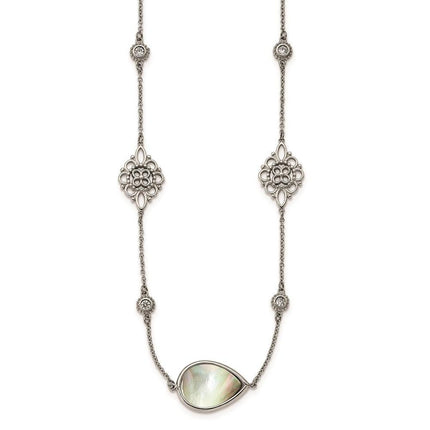 Stainless Steel Polished Black MOP/CZ w/3in ext. Necklace ,