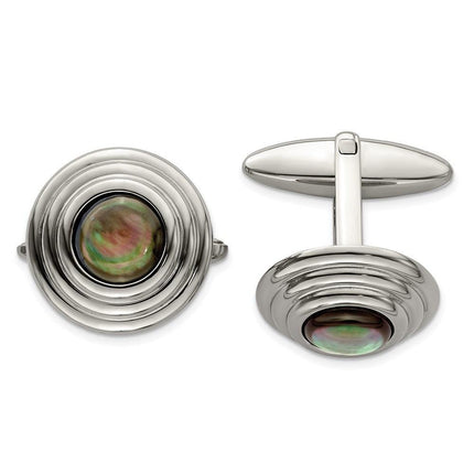 Stainless Steel Polished Black Mother of Pearl Cufflinks ,