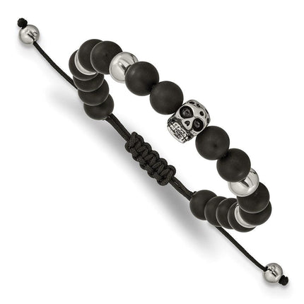 Stainless Steel Polished Black Onyx Beaded Skull Adj. Bracelet ,