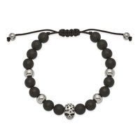 Stainless Steel Polished Black Onyx Beaded Skull Adj. Bracelet ,