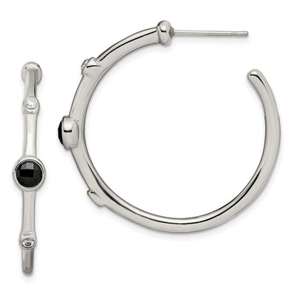 Stainless Steel Polished Black Onyx/CZ Post Hoop Earrings ,