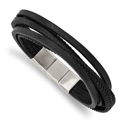Stainless Steel Polished Black PU Leather Multi Strand w/.5in ext Bracelet ,