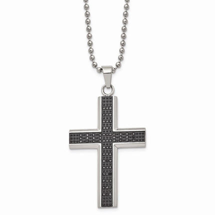 Stainless Steel Polished Black Rhodium Black Diamond Cross Necklace ,