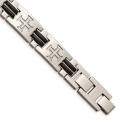 Stainless Steel Polished Black Rubber Cross Adjustable Bracelet ,